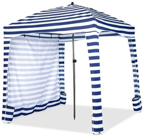 Tenda de praia portátil 183 x 183 x 215-240 cm com parede lateral amovível Saco de transporte 8 sacos de areia Proteção solar Exterior Azul + Branco