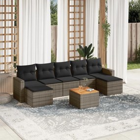 8 pcs conjunto sofás de jardim c/ almofadões vime PE cinzento