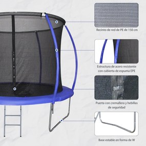HOMCOM Trampolim de Jardim Φ244cm Trampolim para Crianças e Adultos cm Rede de Segurança Cobertura nas Bordas e Escada para Exterior Azul