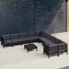 11 pcs conjunto lounge de jardim c/ almofadões pinho preto