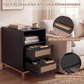 Conjunto de 2 mesas de cabeceira em rattan 60 x 35 x 61 cm com estação de carregamento e 2 gavetas estilo boho com armazenamento aberto preto e dourad