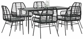 vidaXL Conjunto de jantar jardim 7 peças almofadas vidro vime PE preto