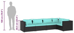 5 pcs conjunto lounge de jardim c/ almofadões vime PE preto