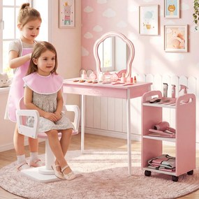 Toucador infantil com espelho LED em madeira, cadeira giratória, carrinho de arrumação e acessórios para crianças dos 3 aos 7 anos - Rosa
