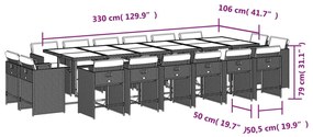 17 pcs conj. jantar jardim c/ almofadões vime PE cinzento-claro