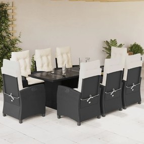 9 pcs conjunto de jantar p/ jardim c/ almofadões vime PE preto