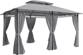 Pérgola para Jardim 3x4 m Pérgola de Exterior com Telhado Duplo 6 Paredes Laterais Estrutura Metálica  Cinzento Escuro