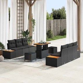Conjunto de Sofá de Jardim vidaXL de 9 Peças com Almofadas - Vime Plástico Preto e Acácia