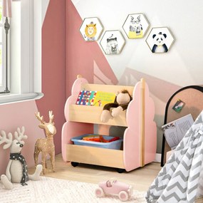 Estante infantil de madeira com rodas 52 x 46 x 62,5 cm, estante de livros de 2 níveis para brinquedos, organizador multifuncional de livros Rosa