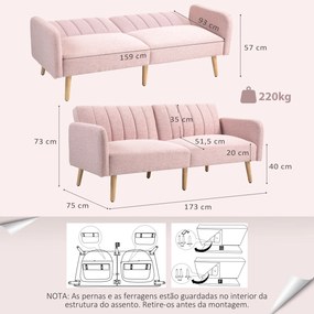 Sofá Cama de 2 Lugares com Encosto Ajustável em 3 Posições Apoio para os Braços e Pés de Madeira 173x75x73 cm Rosa