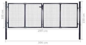 Portão de jardim em rede aço galvanizado 289x100 cm cinzento