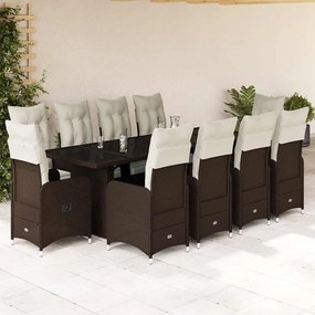 vidaXL 11 pcs conj. de bistrô p/ jardim c/ almofadões vime PE castanho