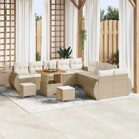 vidaXL Conjunto de Sofá de Jardim de 13 Peças com Almofadas Bege Rattan Poliéster Acácia