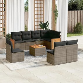 9 pcs conjunto sofás p/ jardim com almofadões vime PE cinzento