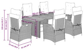 7 pcs conjunto de jantar p/ jardim c/ almofadões vime PE preto