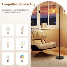 Candeeiro de pé com estrutura em metal e interruptor de pé para sala de estar, quarto ou escritório, 160 x 25 cm, preto e castanho