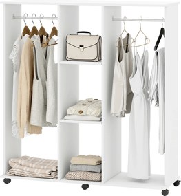 Guarda roupa aberto com varões, móvel de arrumação com rodas, 6 rodas, 120 x 40 x 128 cm, branco