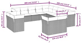 13 pcs conj. sofás jardim c/ almofadões vime PE cinzento-claro