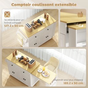 Ilha central de cozinha com tampo extensível, carrinho de cozinha com Rodas, 2 gavetas e 4 portas, branco