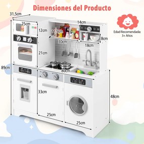 Cozinha de brincar para crianças em madeira com lava-loiça, torneira, dispensador de água, forno micro-ondas, máquina de lavar roupa, luzes e sons Bra