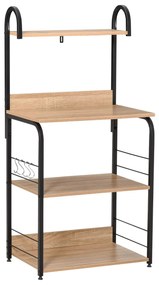 HOMCOM Estante de Cozinha para Microondas com 4 Níveis Ganchos e Pés Ajustáveis Estante de Armazenamento 60x40x125cm Madeira Natural