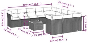 12 pcs conjunto de sofás jardim c/ almofadões vime PE cinzento