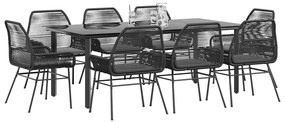 Conjunto de jantar jardim 9 peças almofadas vidro vime PE preto