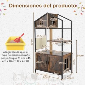 Árvore para gatos 80 x 48 x 150 cm com compartimento para caixa de areia Postes para arranhar Cápsula espacial Bola Castanho Rústico + Preto