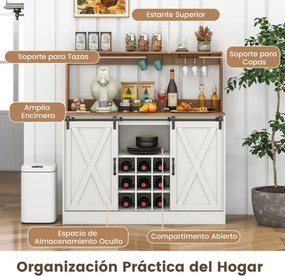 Armário de café-bar 120 x 40 x 127,5 cm com estação de carregamento Portas deslizantes Garrafeira amovível Estantes ajustáveis Branco e nogueira