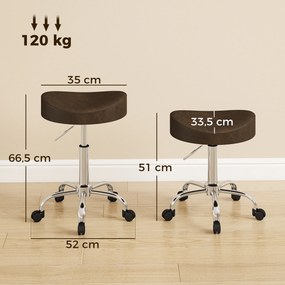 Banco com rodas, banco de trabalho com altura ajustável entre 51 e 66 cm e assento almofadado, giratório a 360°, castanho