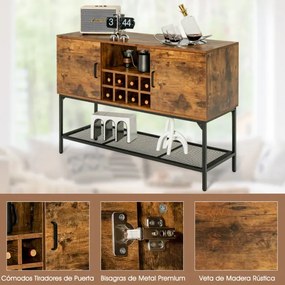 Aparador Buffet Industrial com Porta Vinho Prateleira de Malha 2 Armários com Portas para Corredor da Sala 122 x 41 x 85 cm Castanho