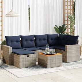 7 pcs conjunto sofás p/ jardim c/ almofadões vime PE cinzento