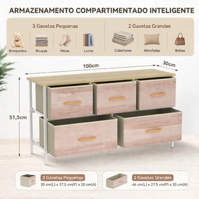 Cómoda com 5 Gavetas de Tecido Cómoda para Quarto Estrutura Metálica 100x30x51.5 cm Madeira e Branco