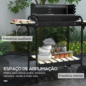 Grelhador a Carvão com Rodas Portátil com Grelha Ajustável em Altura para Piquenique Campismo 103x47x95 cm Preto