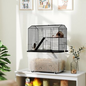 Gaiola para hamsters e roedores de 3 andares 57 x 43 x 74 cm, com rodas, plataforma e escada em arame de aço, preta
