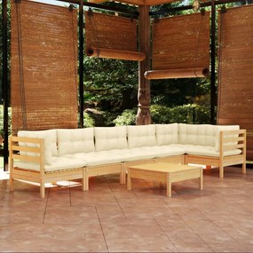 vidaXL 7 pcs conjunto lounge de jardim c/ almofadões cor creme pinho