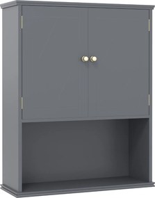 Armário de casa de banho de Parede 60 x 21 x 75 cm com 2 Portas com Prateleira Aberta e Ajustável Cinza