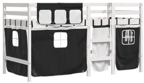 Cama alta criança c/ cortina 90x190cm pinho maciço branco/preto