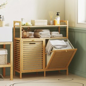 Móvel de casa de banho em bambu, armário de casa de banho com 2 cestos para roupa suja e 2 prateleiras, 82 x 33 x 88 cm, madeira natural