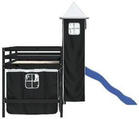 Cama alta criança c/ torre 90x190 cm pinho maciço branco/preto
