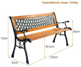 Banco de Jardim 125 cm Banco Exterior Resistente às Intempéries Banco de Ferro Fundido Forte e Duradouro Assento de ripas