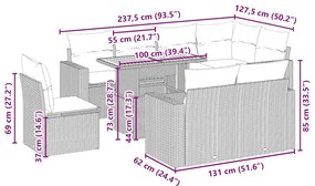 9 pcs conjunto de sofás p/ jardim com almofadões vime PE bege