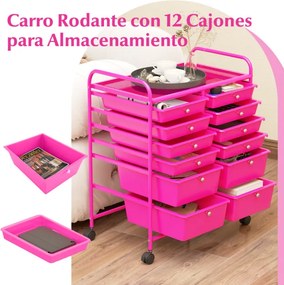 Carrinho auxiliar com rodas e 12 gavetas empilháveis 64 x 38 x 75 cm com estrutura metálica para cozinha, escritório e casa de banho Rosa