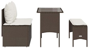 3 pcs conjunto jantar p/ jardim c/ almofadões vime PE castanho