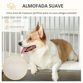 Gaiola para Cães de Madeira 86x60x70cm Gaiola para Cães com Bancada de Armazenamento Porta com Trave Pés Elevados Grade de Aço Branca