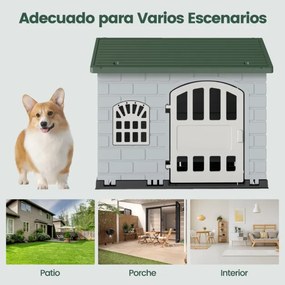 Casota de plástico para cães com 3 janelas e porta com fechadura, telhado inclinado, para interior e exterior, 75 x 58 x 65 cm, verde