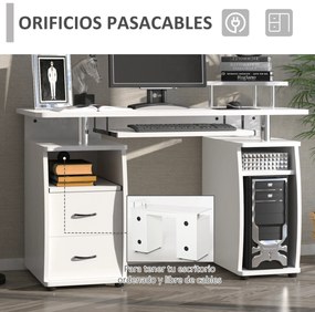 HOMCOM Secretária para computador Mesa para PC com prateleiras múltiplas Bandeja de teclado Suporte para CPU e 2 gavetas 120x55x85 cm branco
