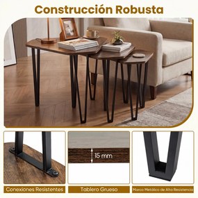 Conjunto de 3 Mesas de Centro Empilháveis, 58,5 x 52,5 x 45,5 cm, Estrutura Metálica, Castanho