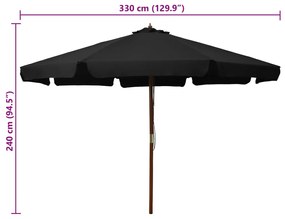 Guarda-sol de exterior c/ poste de madeira 330 cm preto