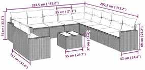 12 pcs conj. sofás jardim com almofadões vime PE cinzento-claro